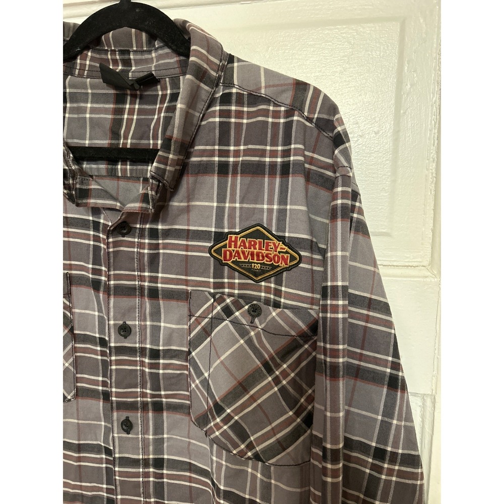 Harley-Davidson 120th Anniversary Plaid Button Down‎ Shirt 2XL Grey Moto Flannel - Picture 6 of 9